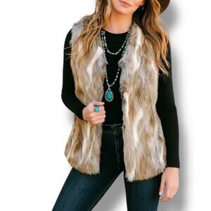 Marcia Mello Faux Fur Vest Cream Tan Medium Boho Western Festival Layering
